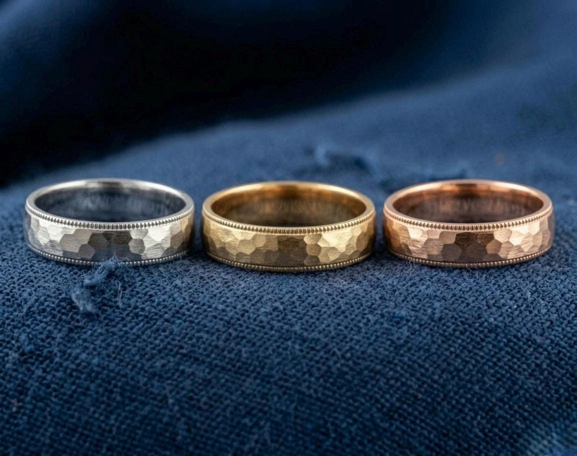Hammered Gold Wedding Band, Milgrain Rustic Ring, Antique Matte Finish Unisex Promise