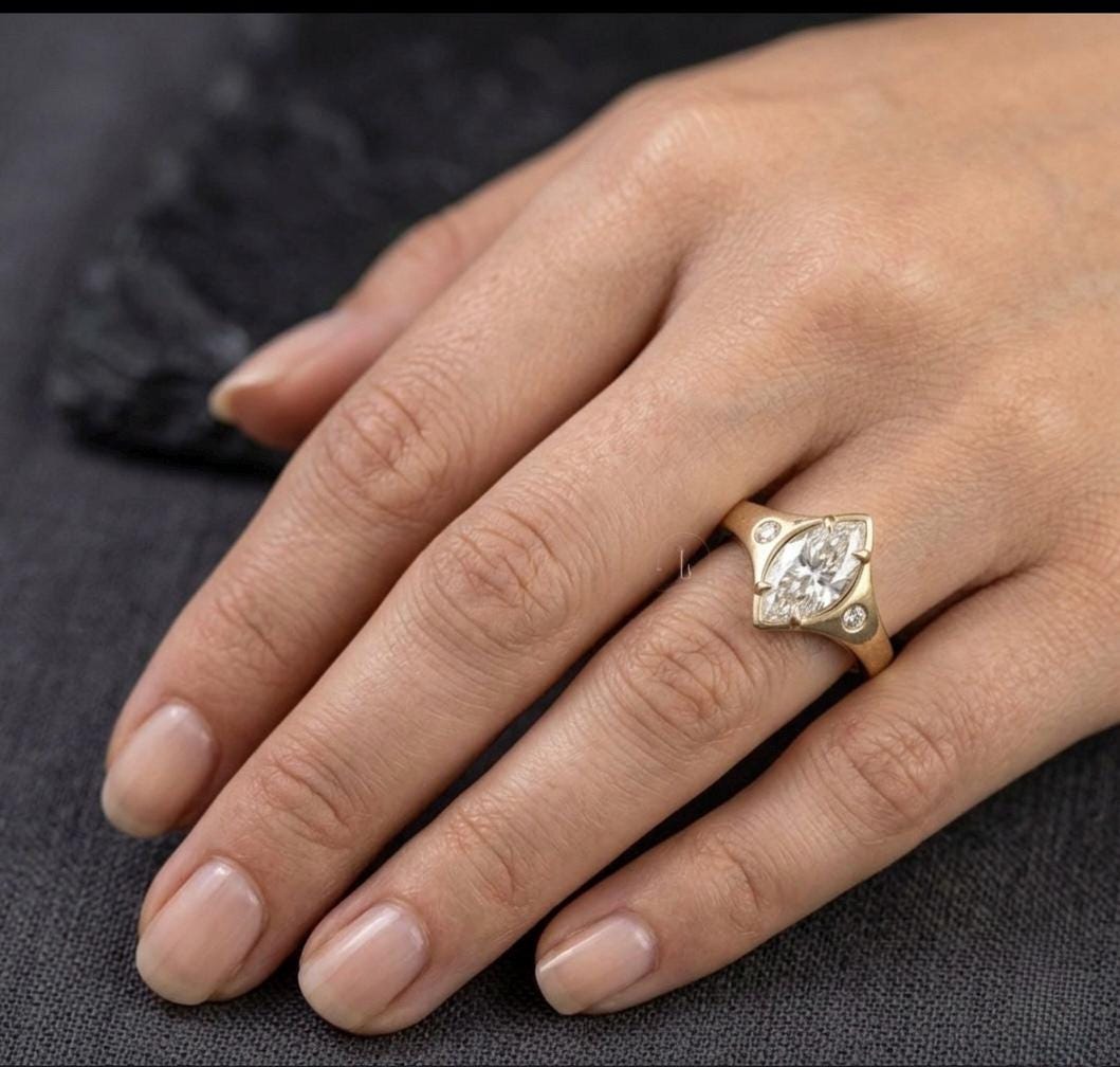 Marquise Moissanite Ring, Vintage Gold, 925 Sterling Silver, Antique Bridal Band