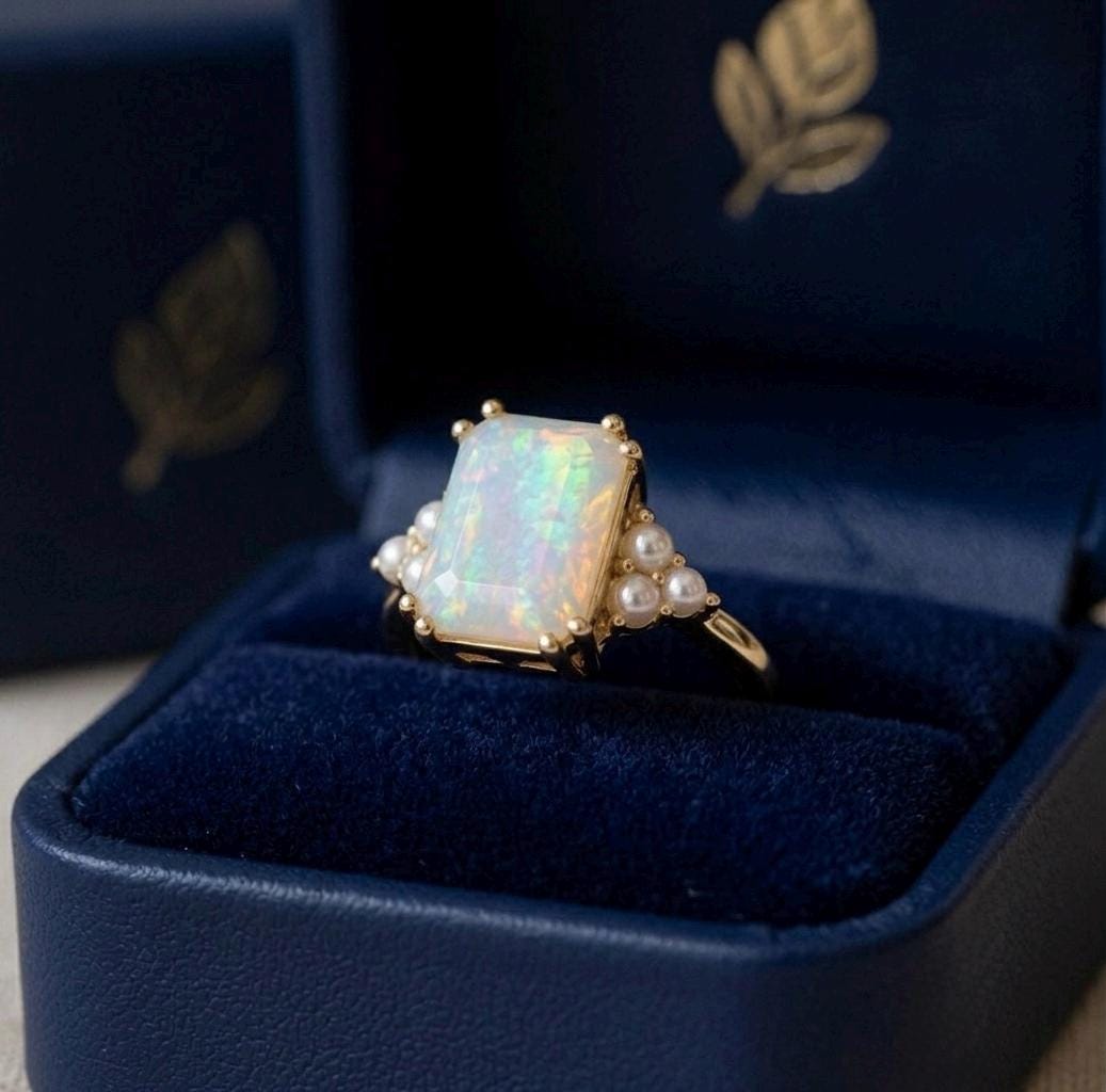 Emerald Cut Ethiopian Opal Ring with Pearls, Vintage Gold Engagement Ring, October Birthstone