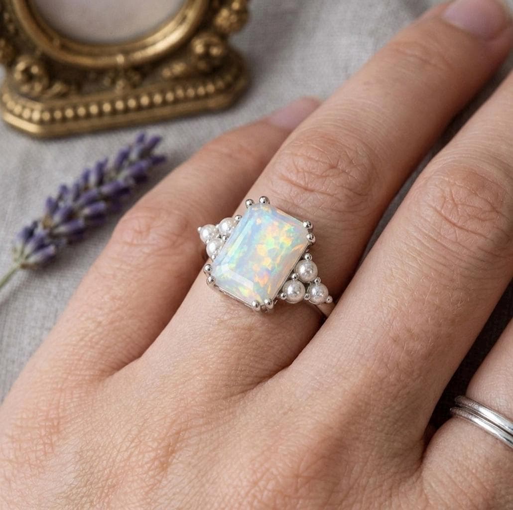 Emerald Cut Ethiopian Opal Ring with Pearls, Vintage Gold Engagement Ring, October Birthstone