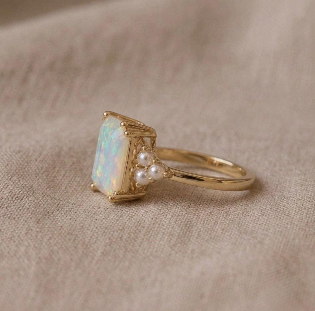 Emerald Cut Ethiopian Opal Ring with Pearls, Vintage Gold Engagement Ring, October Birthstone