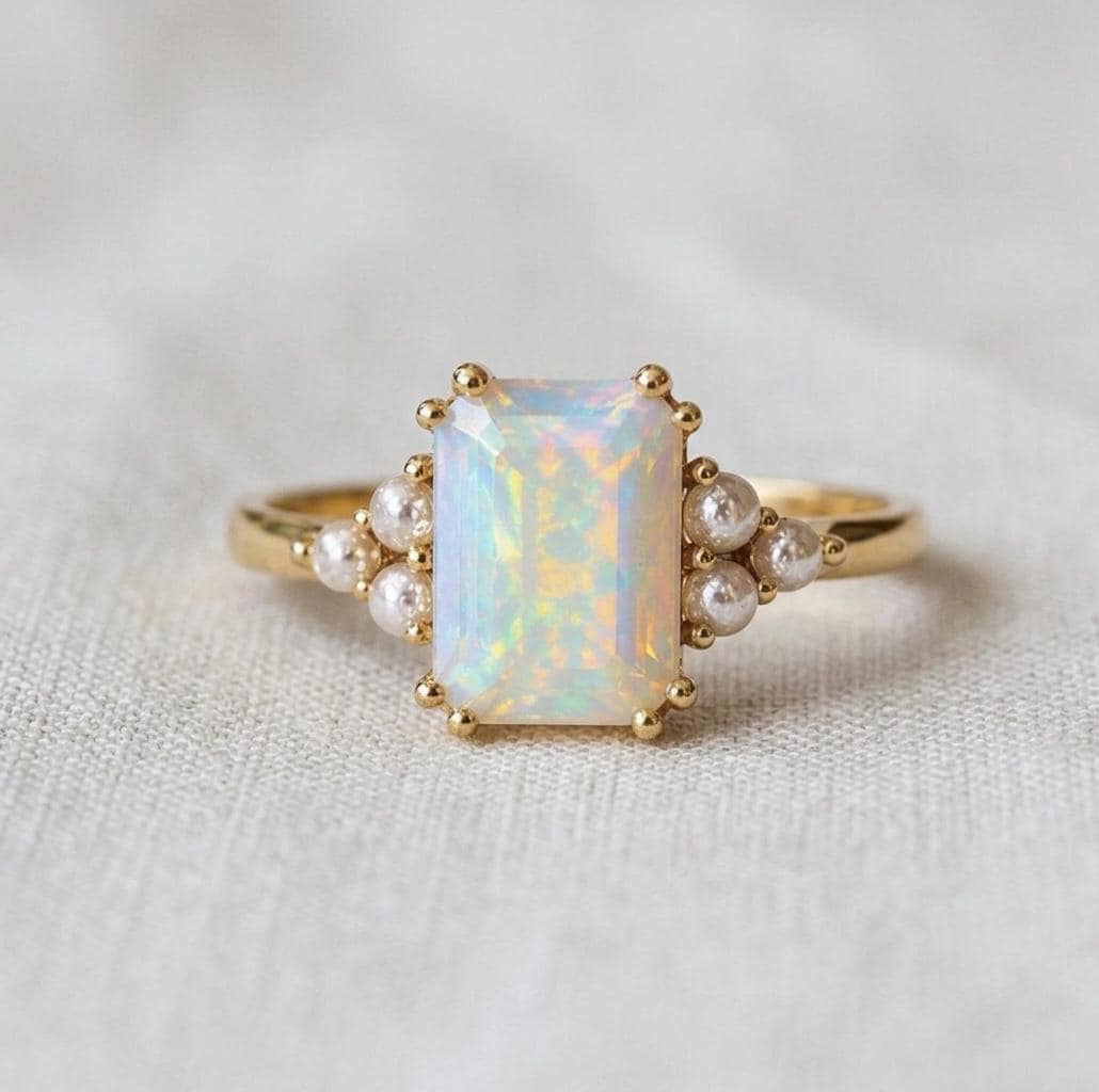 Emerald Cut Ethiopian Opal Ring with Pearls, Vintage Gold Engagement Ring, October Birthstone