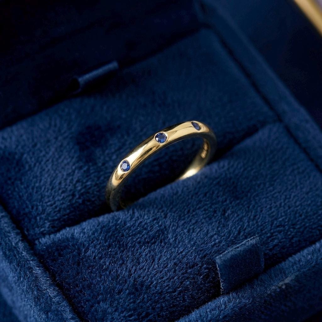 Gold Blue Sapphire Ring, Minimalist Flush Set Wedding Band, Dainty Stacking Ring, September Birthstone