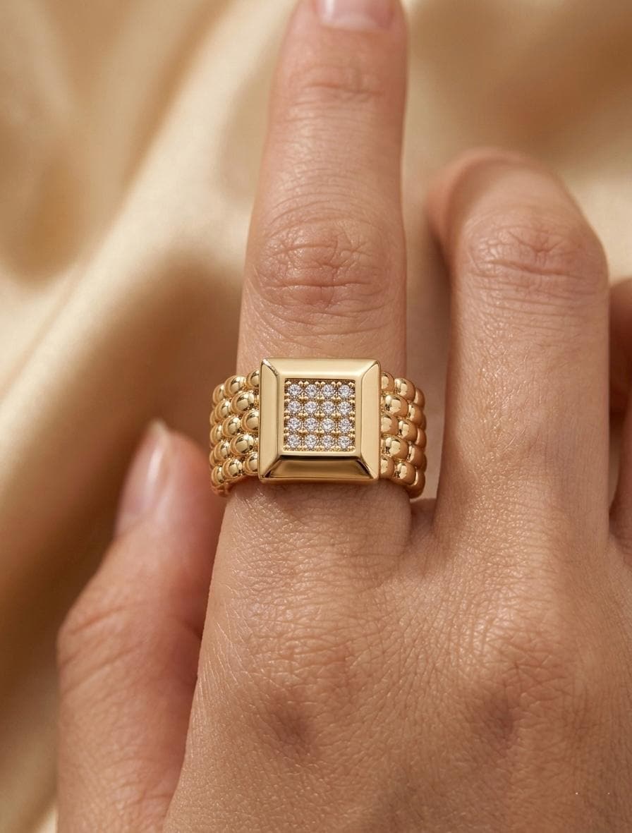 Gold Moissanite Signet Ring, Chunky Square Pave Statement Band, Textured Unisex Ring