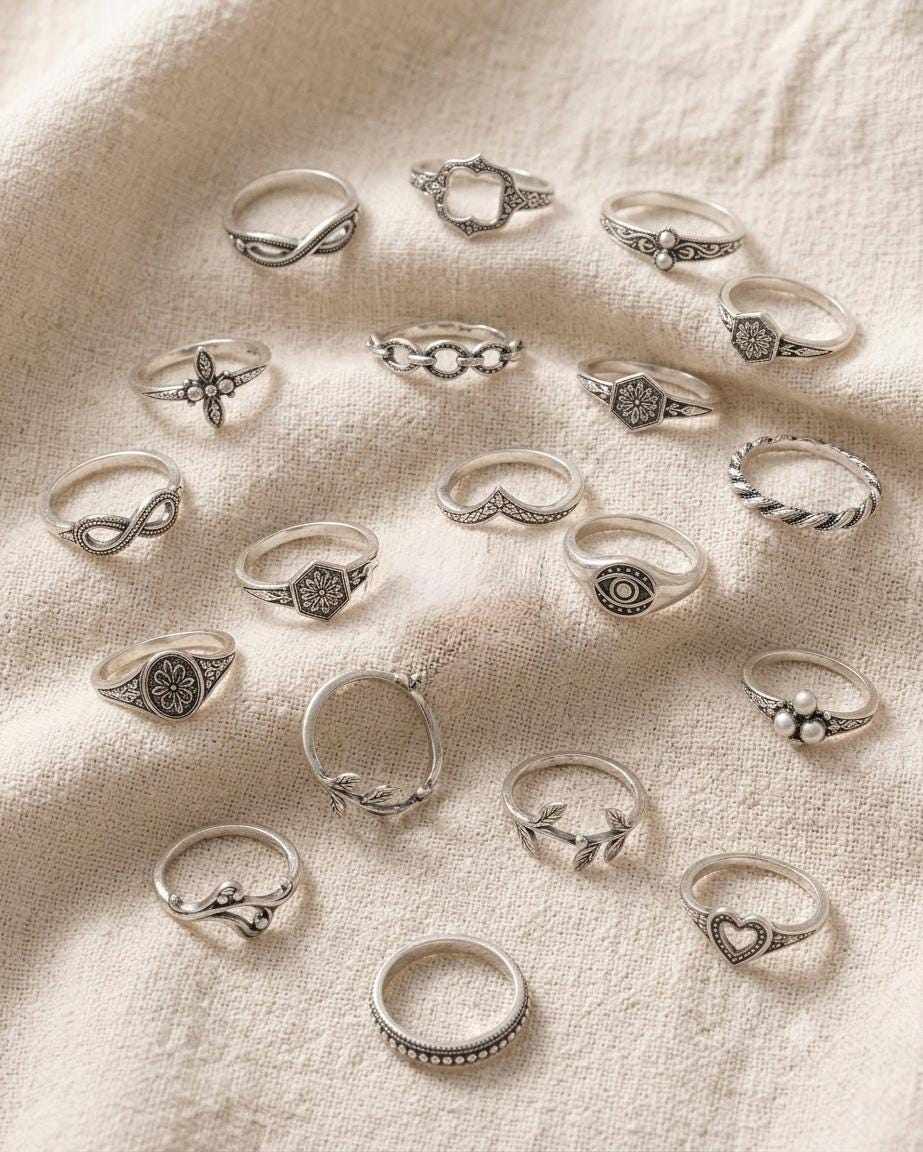 Vintage Inspired Sterling Silver Rings Set, Dainty Stackable Boho Bands