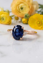 Oval Blue Sapphire Engagement Ring, Vintage Rose Gold Solitaire, September Birthstone Promise Ring