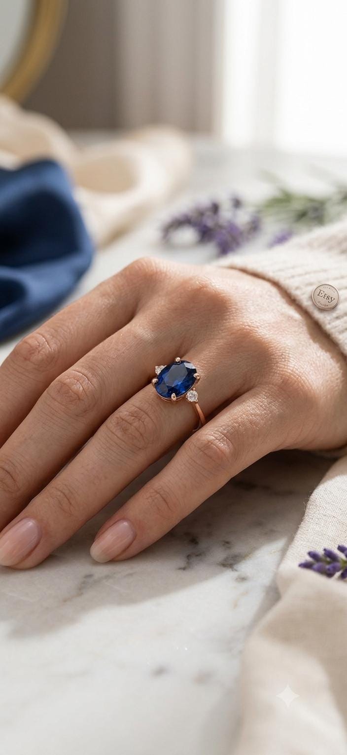 Oval Blue Sapphire Engagement Ring, Vintage Rose Gold Solitaire, September Birthstone Promise Ring
