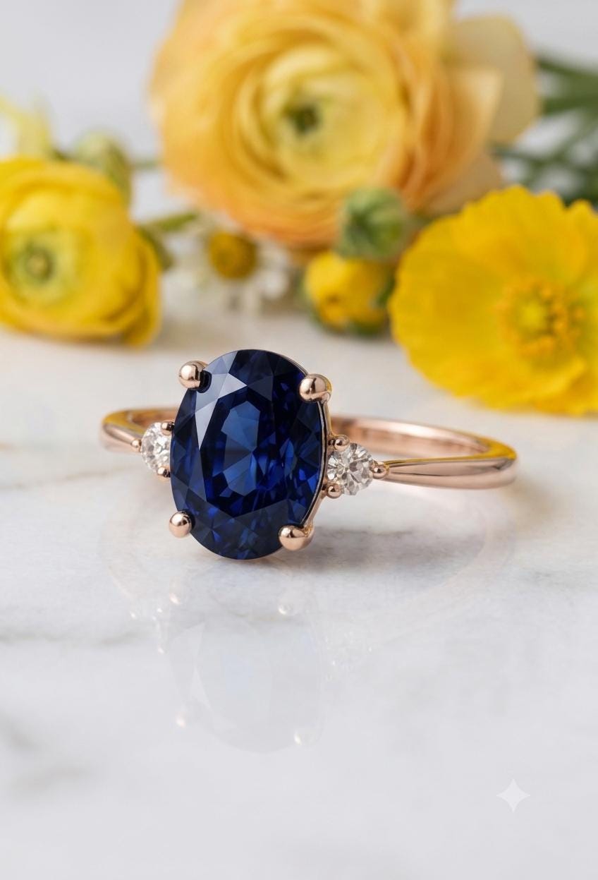 Oval Blue Sapphire Engagement Ring, Vintage Rose Gold Solitaire, September Birthstone Promise Ring