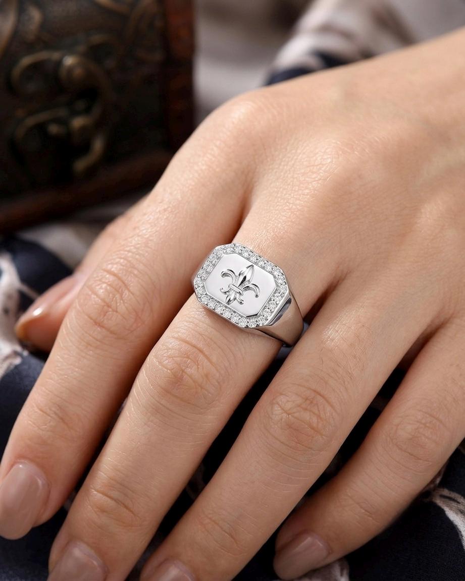 Fleur De Lis Signet Ring, Sterling Silver, Engraved Crest, Minimalist Statement, Unisex Jewelry
