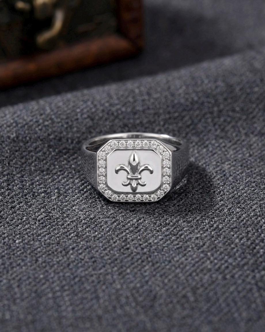 Fleur De Lis Signet Ring, Sterling Silver, Engraved Crest, Minimalist Statement, Unisex Jewelry