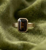 Natural Smoky Quartz Emerald Cut Ring, 925 Silver Triple Band Statement, Art Deco Style
