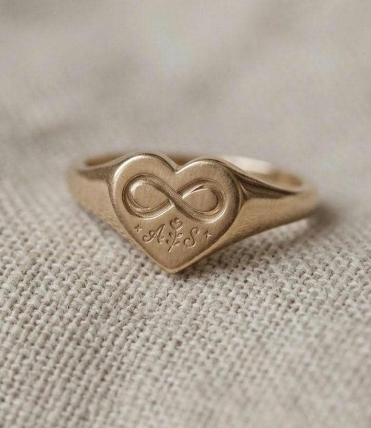 Custom Heart Signet Ring, Engraved 925 Sterling Silver Gold, Infinity Initial Couples Name