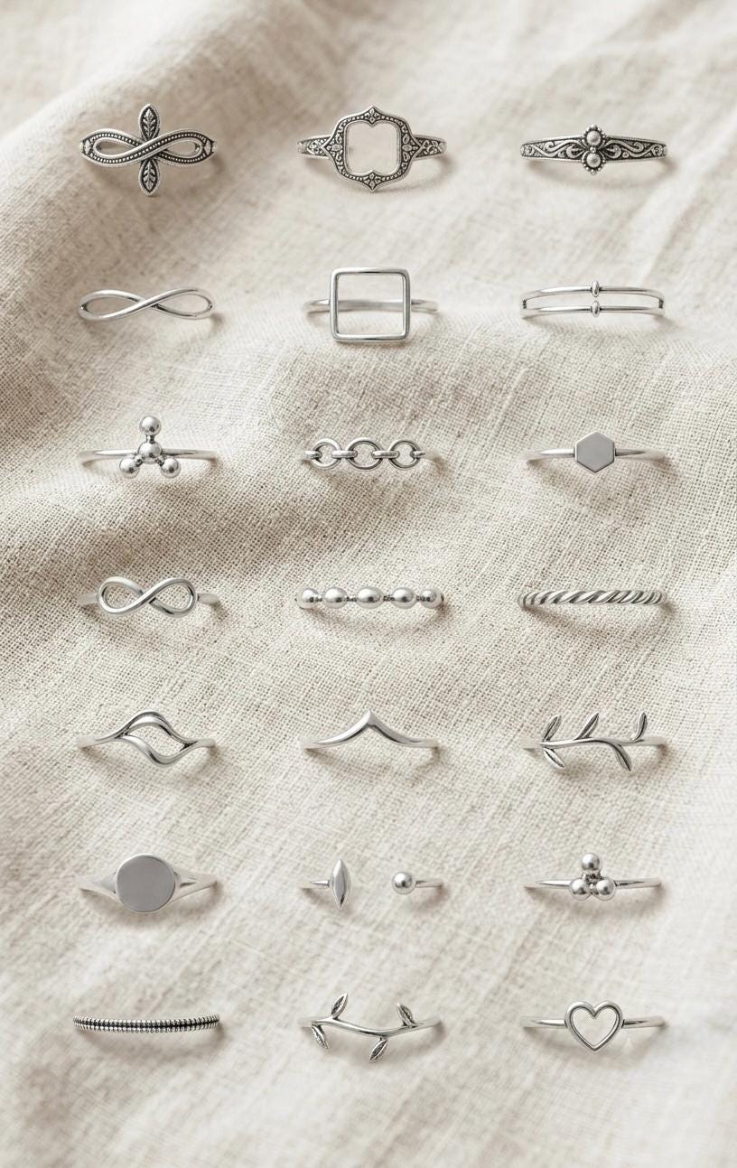 925 Silver Stacking Rings Set, Dainty Geometric Infinity Heart Leaf Bands