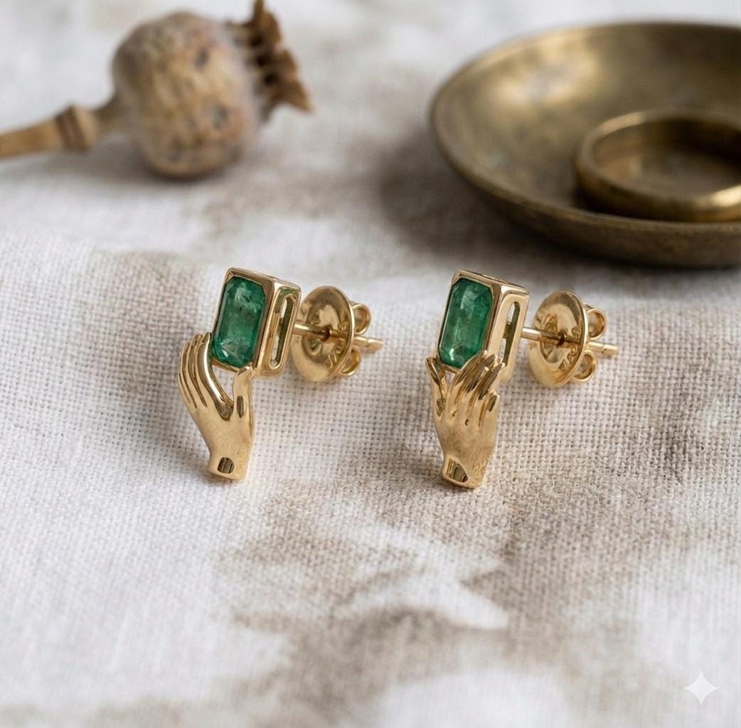 Gold Hand Earrings, Emerald Cut Green Stone Studs, Victorian Jewel Jewelry, Antique Inspired