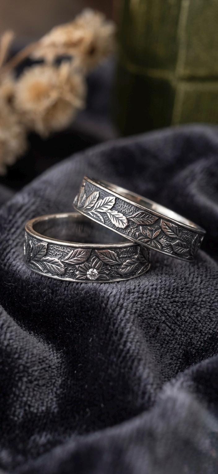 Vintage Leaf Engraved Opal Ring Set, Oxidized 925 Sterling Silver Botanical Band