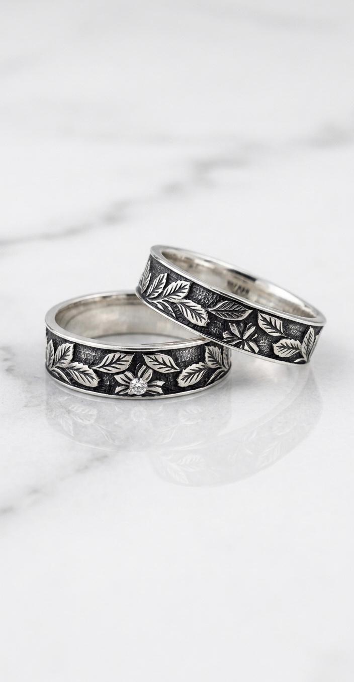 Vintage Leaf Engraved Opal Ring Set, Oxidized 925 Sterling Silver Botanical Band