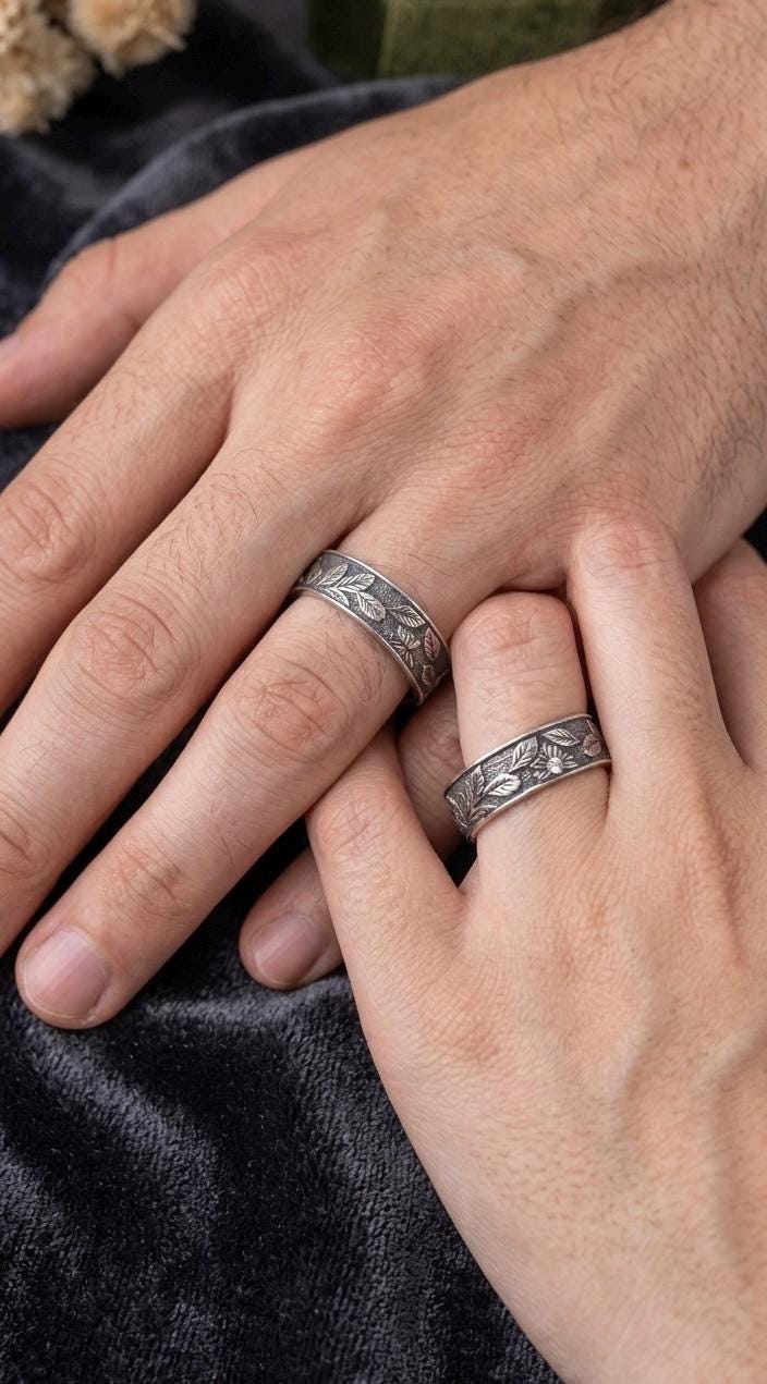 Vintage Leaf Engraved Opal Ring Set, Oxidized 925 Sterling Silver Botanical Band