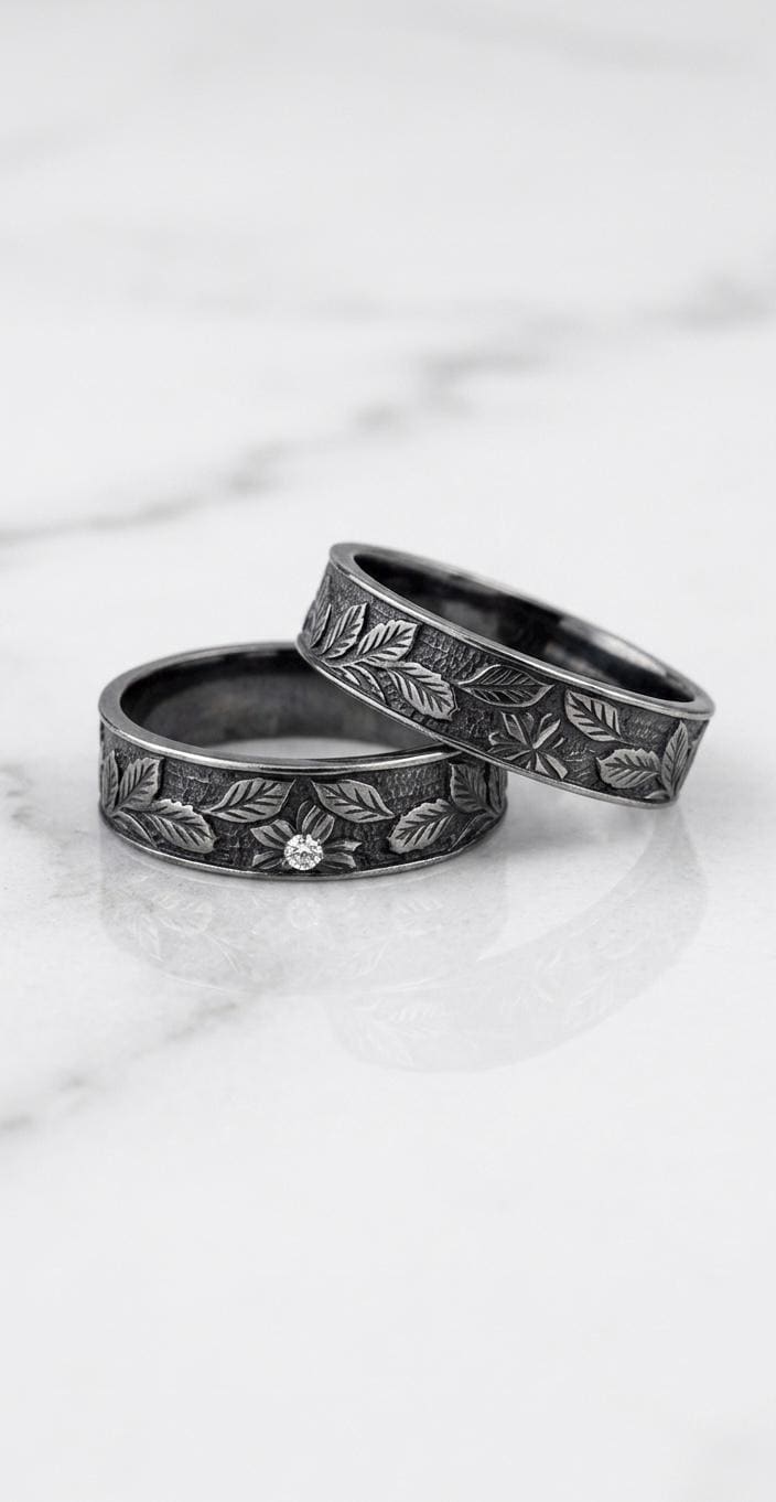 Vintage Leaf Engraved Opal Ring Set, Oxidized 925 Sterling Silver Botanical Band