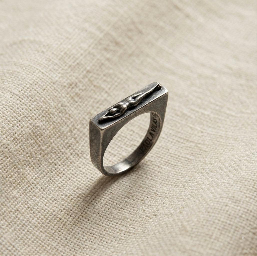 Sterling Silver Bar Ring, Modern Sculptural Detail, Unisex Statement Band