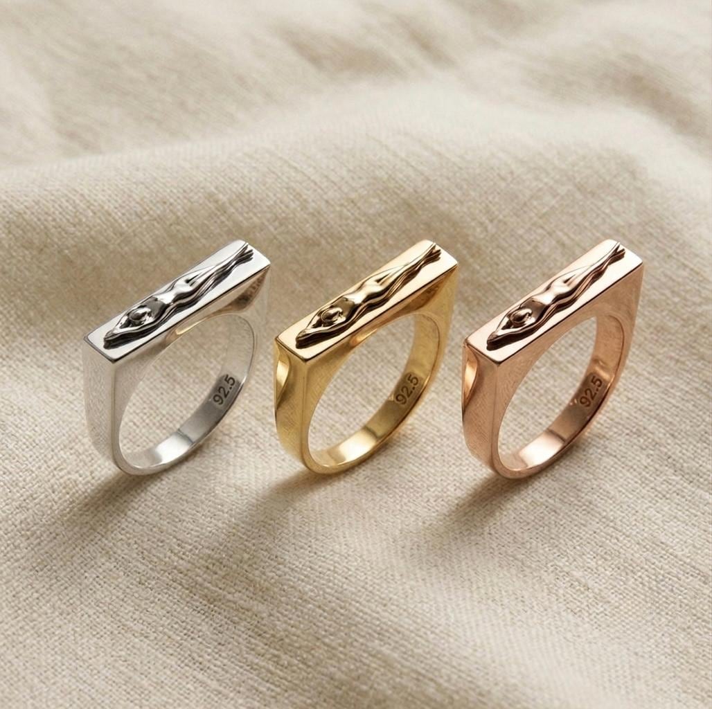 Sterling Silver Bar Ring, Modern Sculptural Detail, Unisex Statement Band