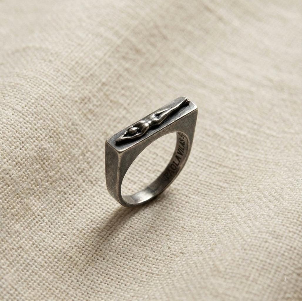 Sterling Silver Bar Ring, Modern Sculptural Detail, Unisex Statement Band