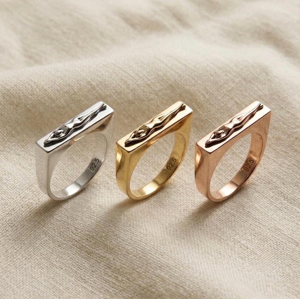 Sterling Silver Bar Ring, Modern Sculptural Detail, Unisex Statement Band