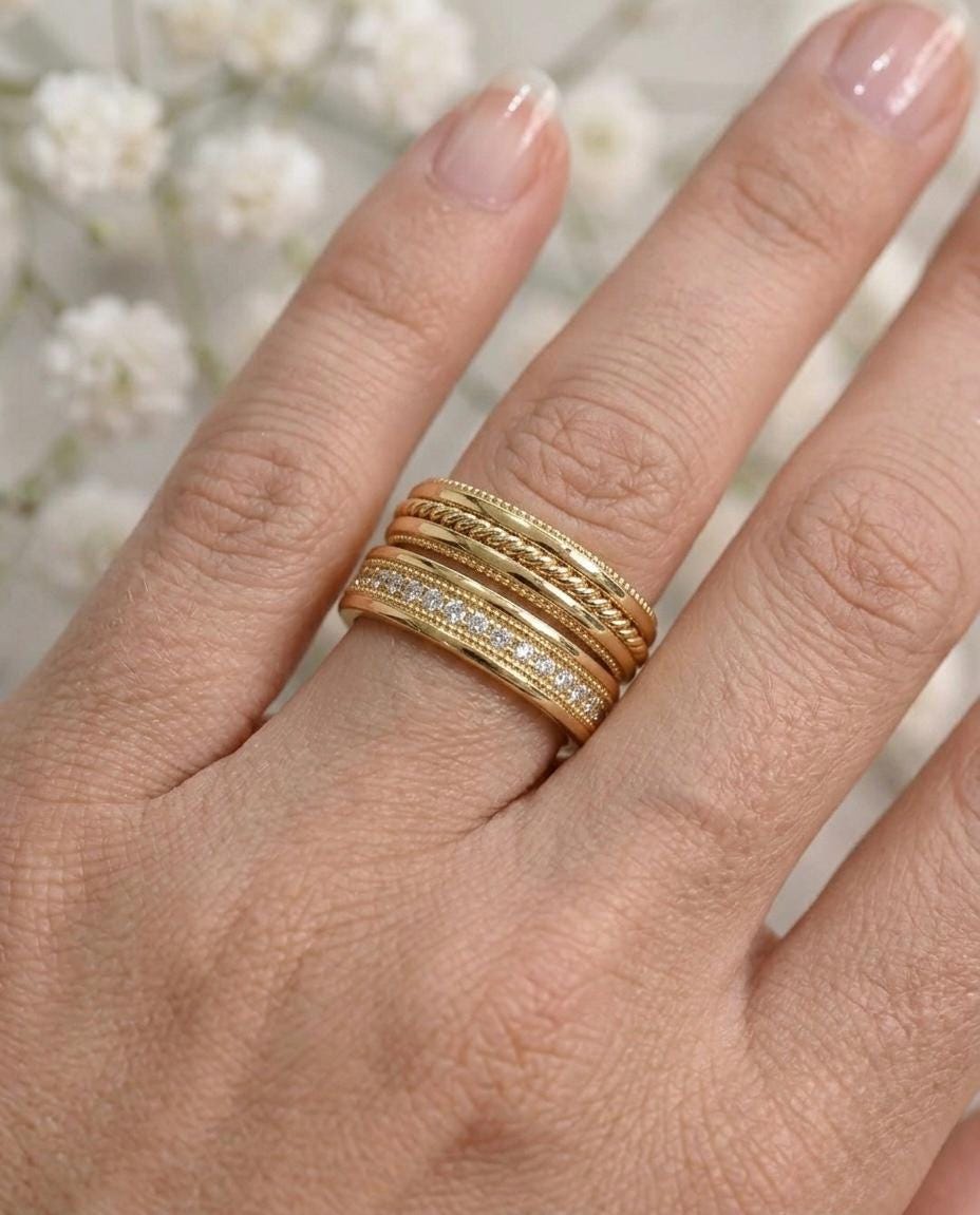 Vintage Milgrain Wedding Band Set, Sterling Silver Rope Braid Rings (Set of 3)