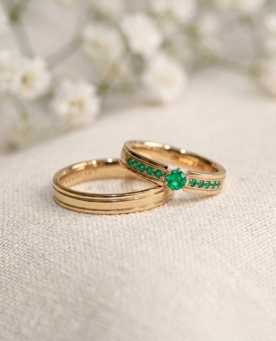 Matching Emerald Wedding Bands, Gold Channel Set Couples Rings, 925 Sterling Silver Grooved Set