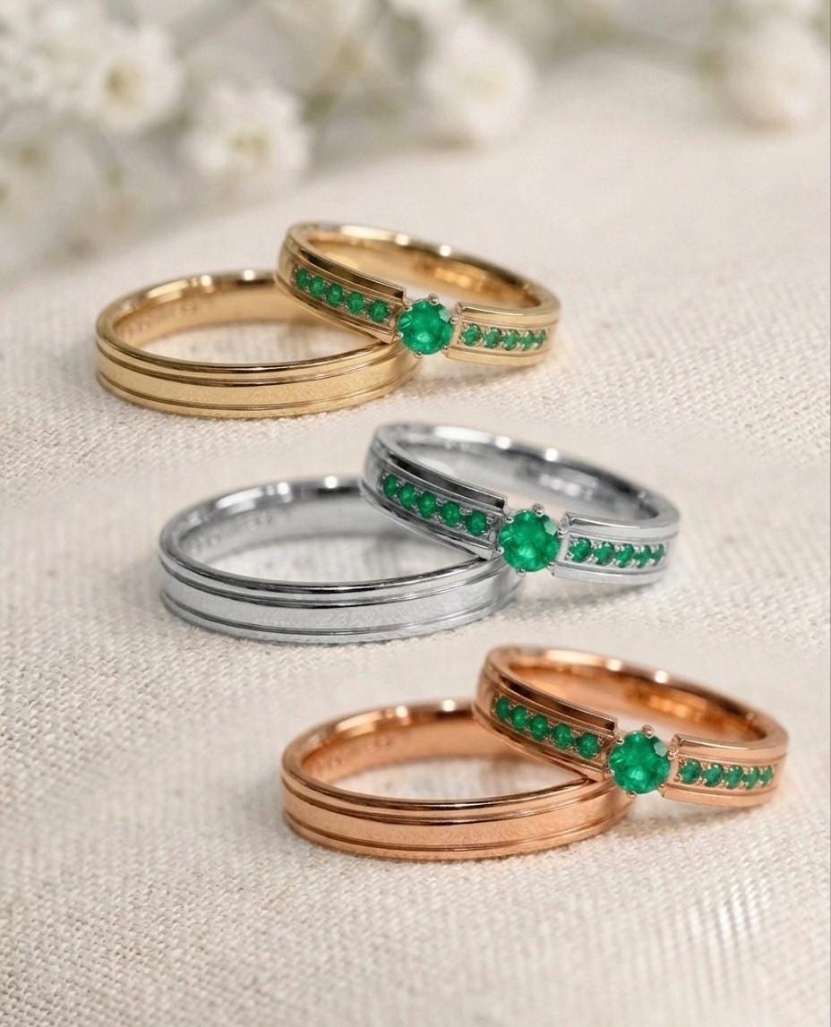 Matching Emerald Wedding Bands, Gold Channel Set Couples Rings, 925 Sterling Silver Grooved Set