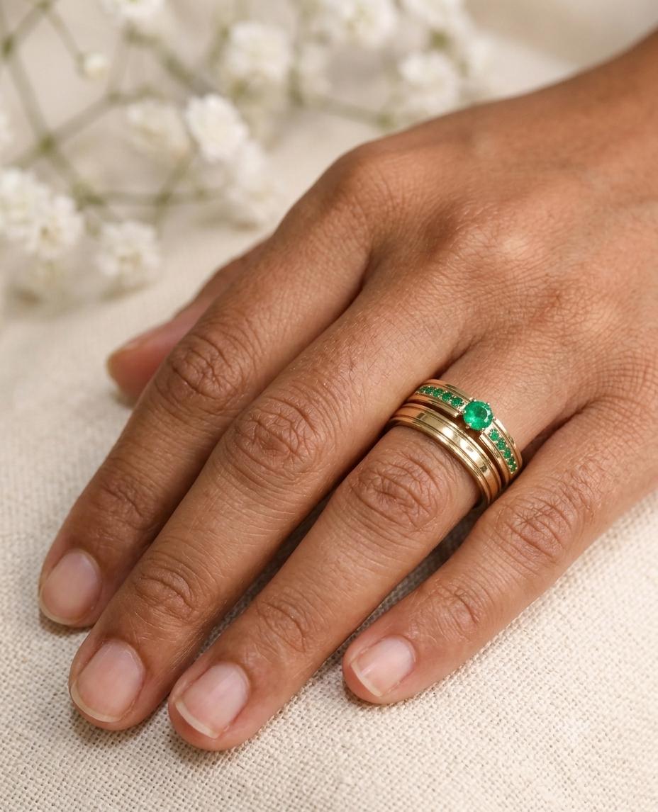 Matching Emerald Wedding Bands, Gold Channel Set Couples Rings, 925 Sterling Silver Grooved Set