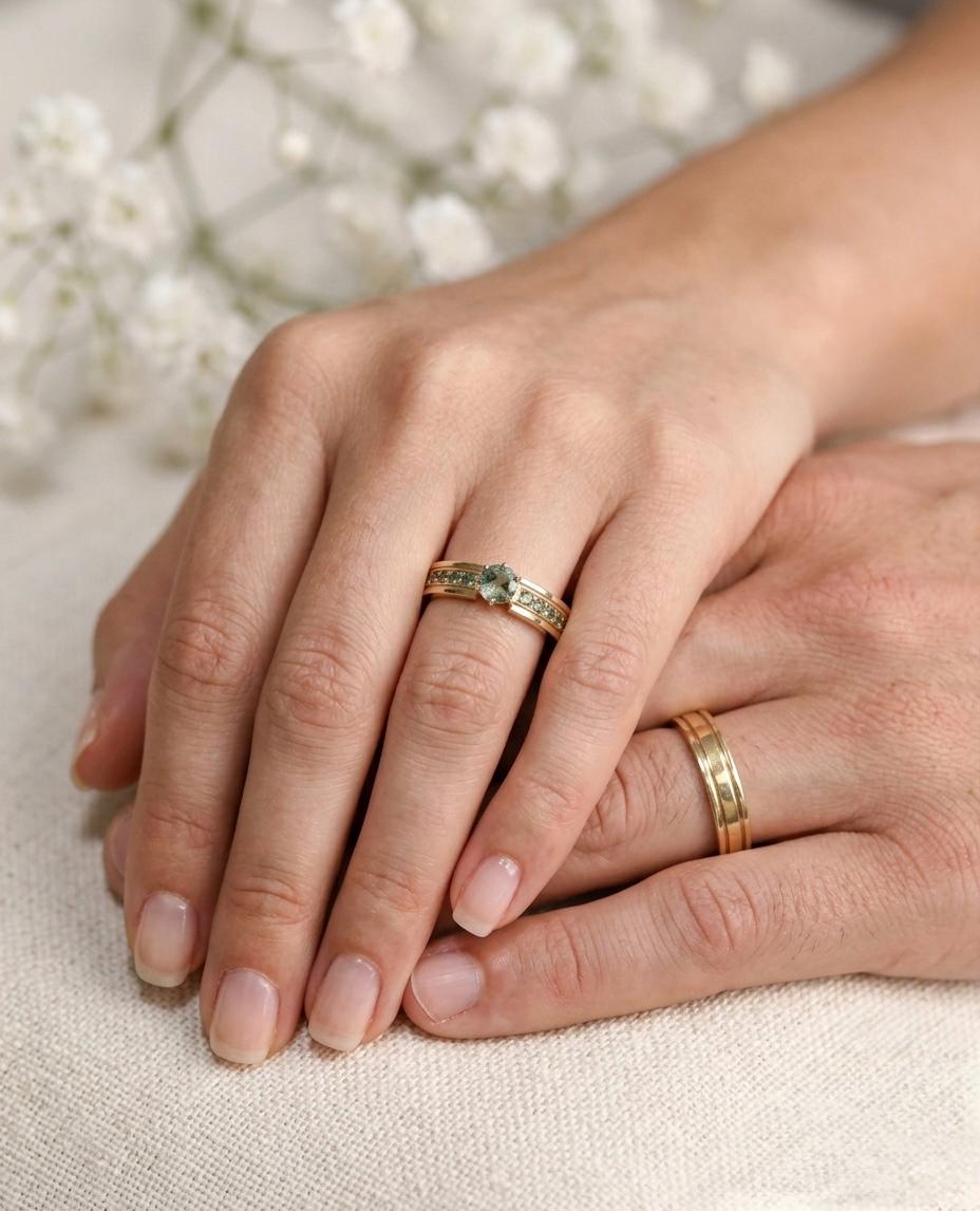 Natural Moss Agate Engagement Ring Set, Sterling Silver His and Hers Wedding Bands