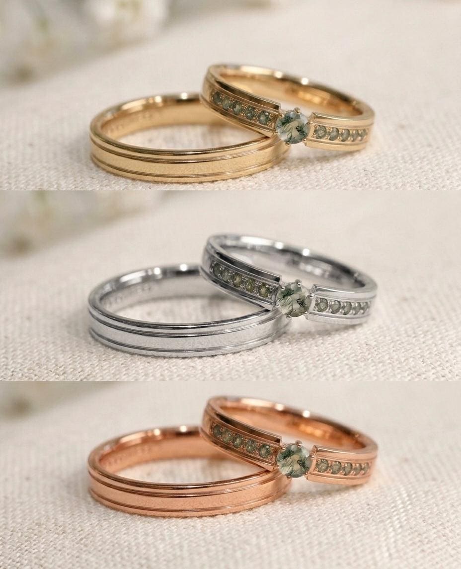 Natural Moss Agate Engagement Ring Set, Sterling Silver His and Hers Wedding Bands