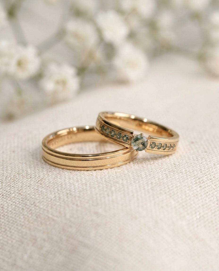 Natural Moss Agate Engagement Ring Set, Sterling Silver His and Hers Wedding Bands
