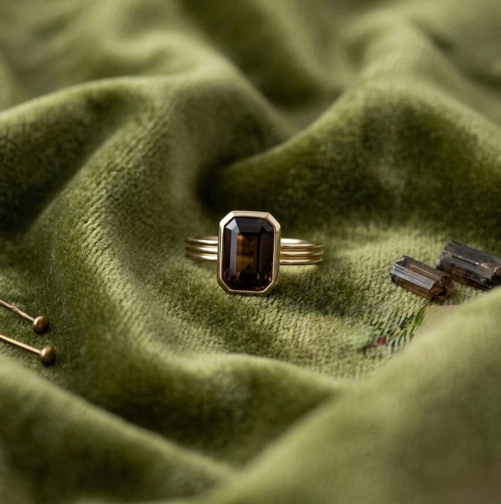 Natural Smoky Quartz Emerald Cut Ring, 925 Silver Triple Band Statement, Art Deco Style