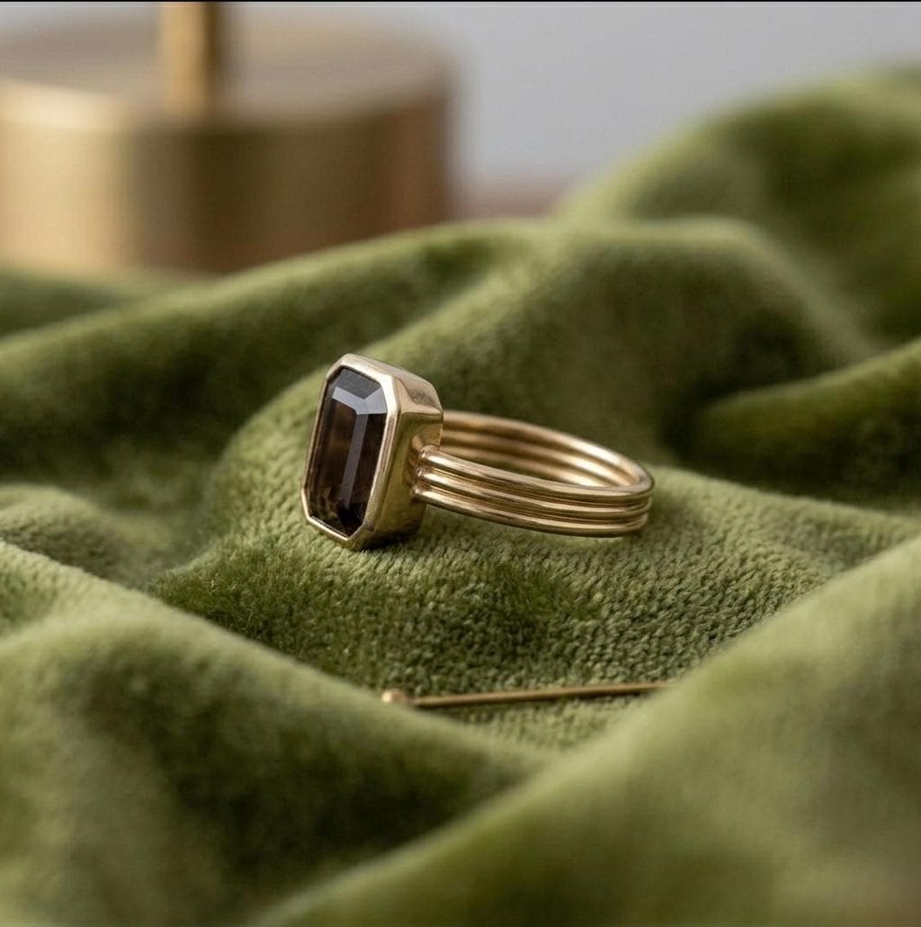 Natural Smoky Quartz Emerald Cut Ring, 925 Silver Triple Band Statement, Art Deco Style