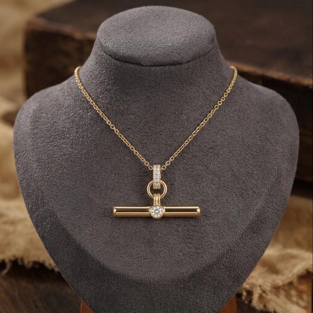 Moissanite Diamond T Bar Necklace, 925 Silver Gold Pendant, Pave Diamond Bail Geometric