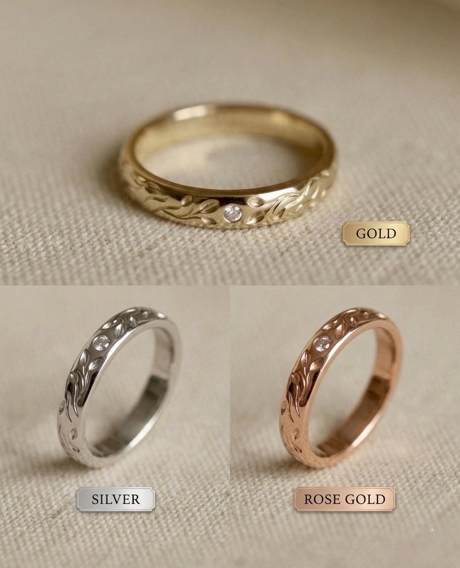Engraved Floral Wedding Band, 14k Gold Vine Ring with Diamond, Vintage Botanical Leaf Ring