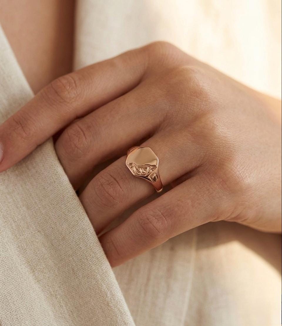 Gold Octagon Signet Ring, Engraved Scroll Pinky Ring, Vintage Geometric Statement