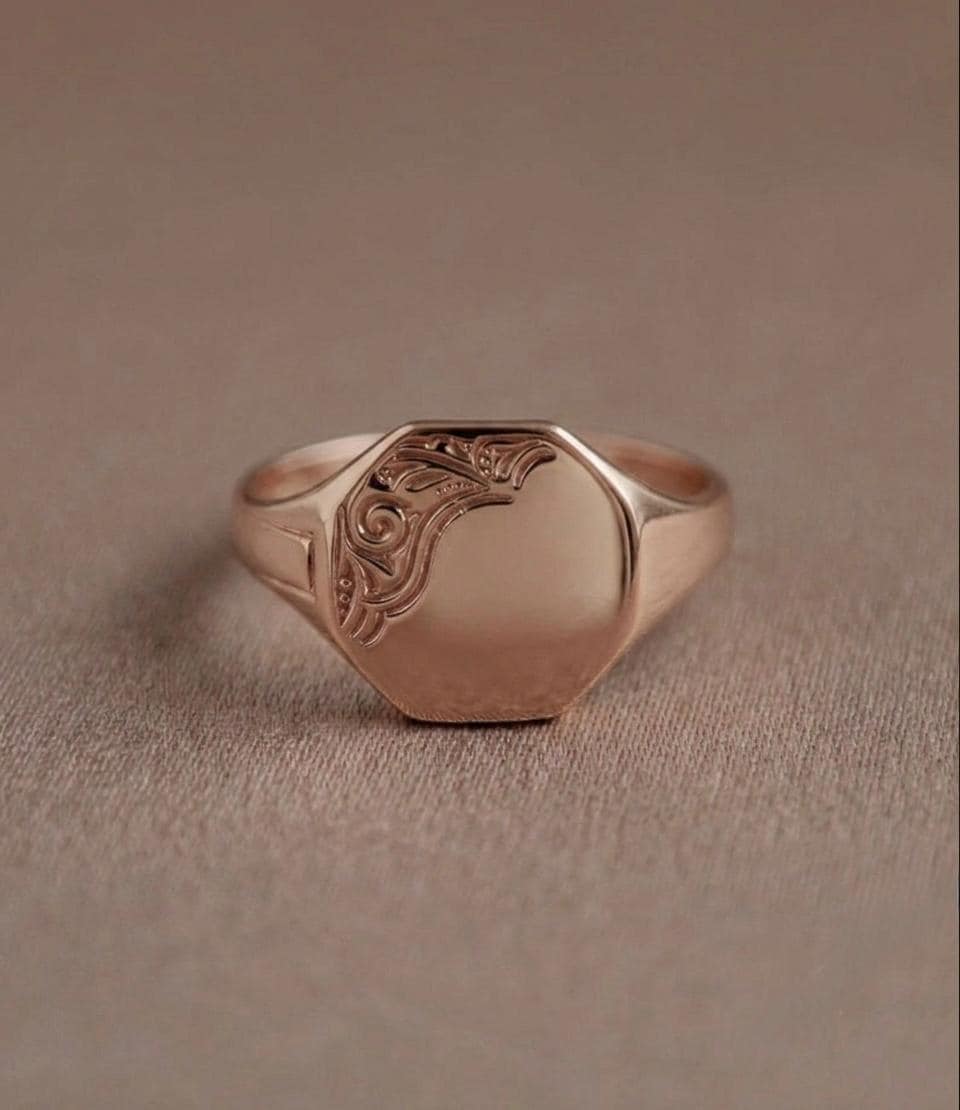 Gold Octagon Signet Ring, Engraved Scroll Pinky Ring, Vintage Geometric Statement