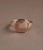 Gold Octagon Signet Ring, Engraved Scroll Pinky Ring, Vintage Geometric Statement