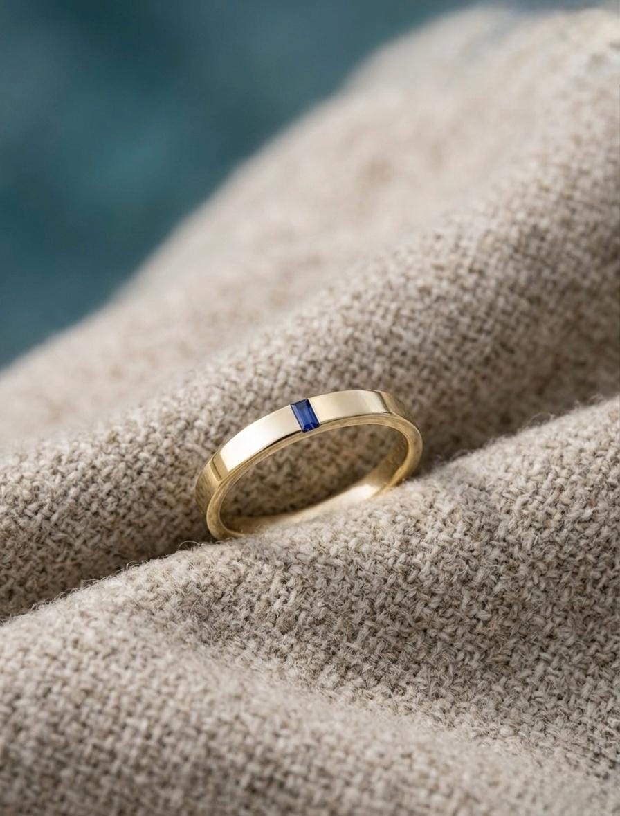 Baguette Blue Sapphire Ring, Gold Minimalist Band, Flush Set Geometric Stacking Band