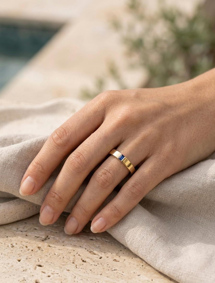 Baguette Blue Sapphire Ring, Gold Minimalist Band, Flush Set Geometric Stacking Band
