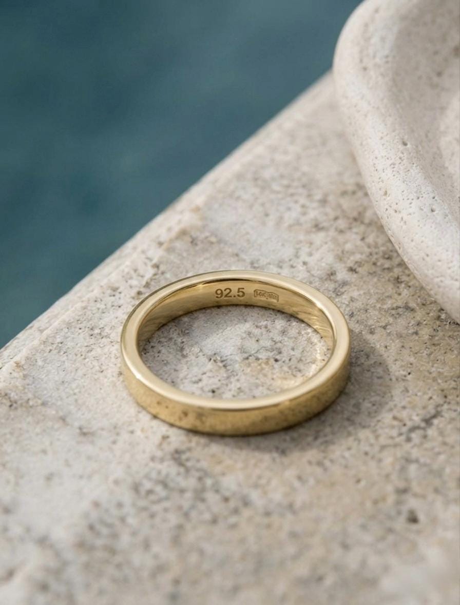 Baguette Blue Sapphire Ring, Gold Minimalist Band, Flush Set Geometric Stacking Band
