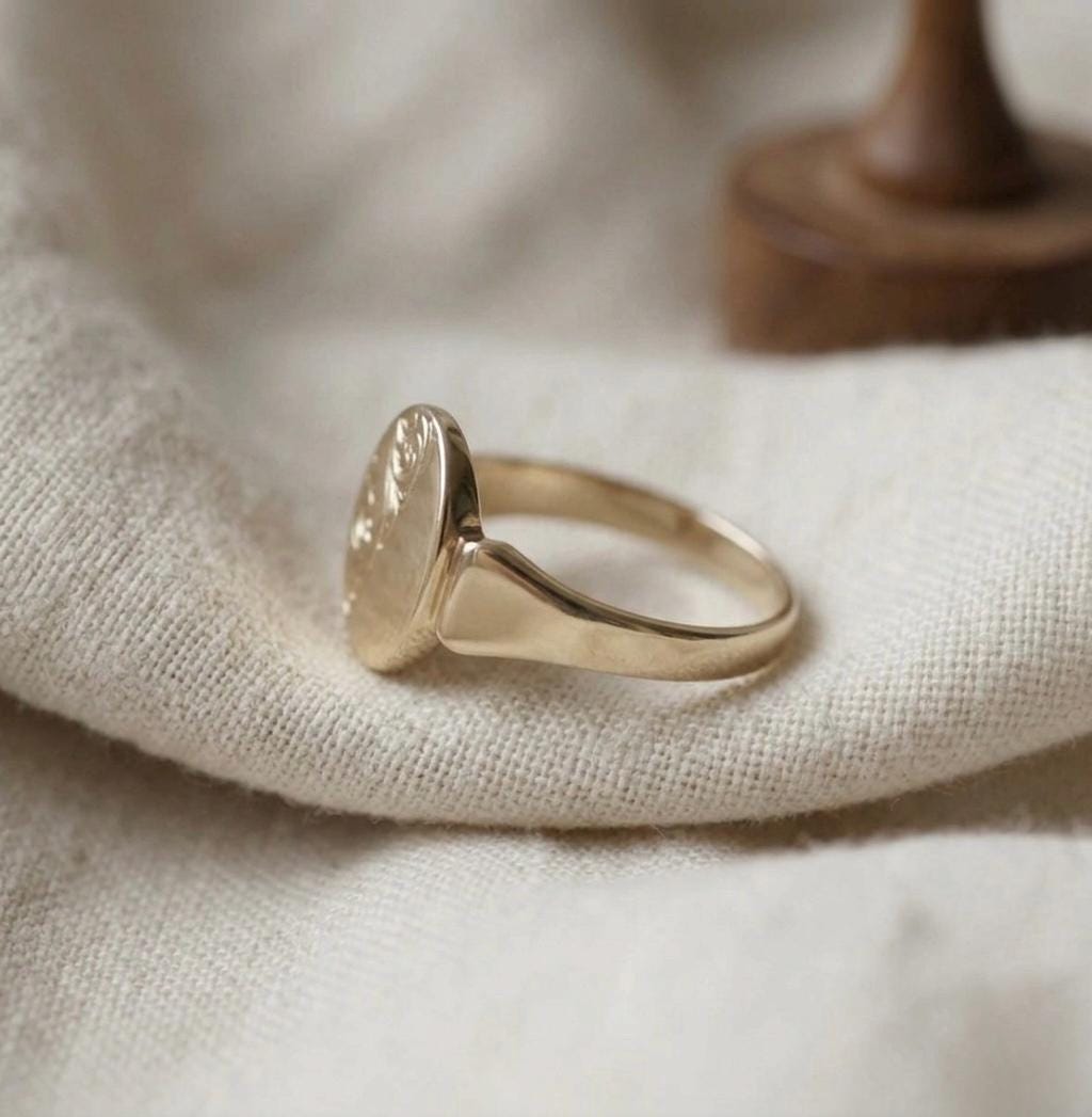 Vintage Style Gold Oval Signet Ring, Hand Engraved Floral Scroll, Minimalist Statement Jewelry