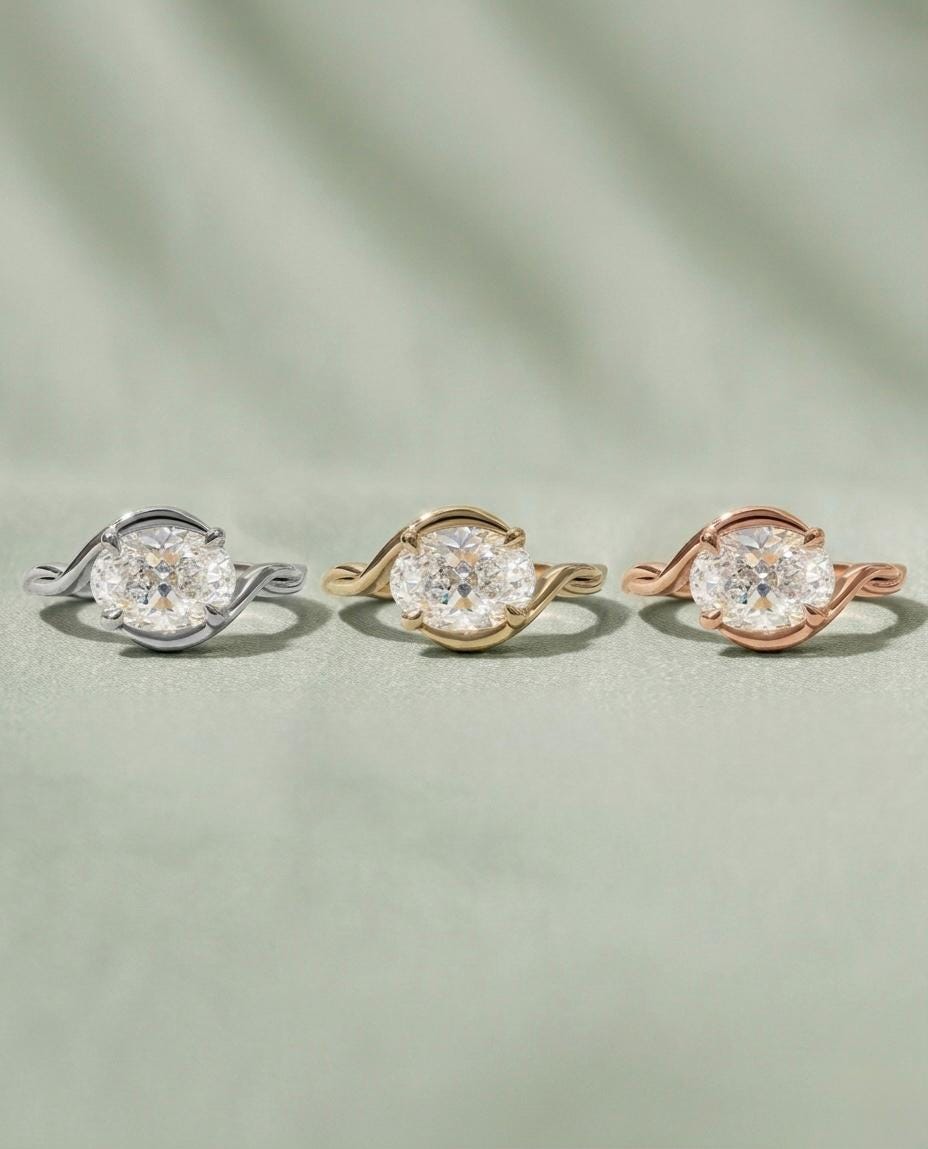 Oval Moissanite Bypass Ring, Twisted Vine Swirl Band, 925 Silver Gold Accent