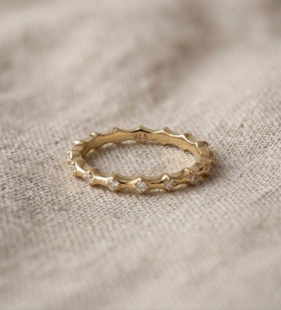 Textured Gold Eternity Band, 925 Sterling Silver, Scalloped CZ Stacking Ring