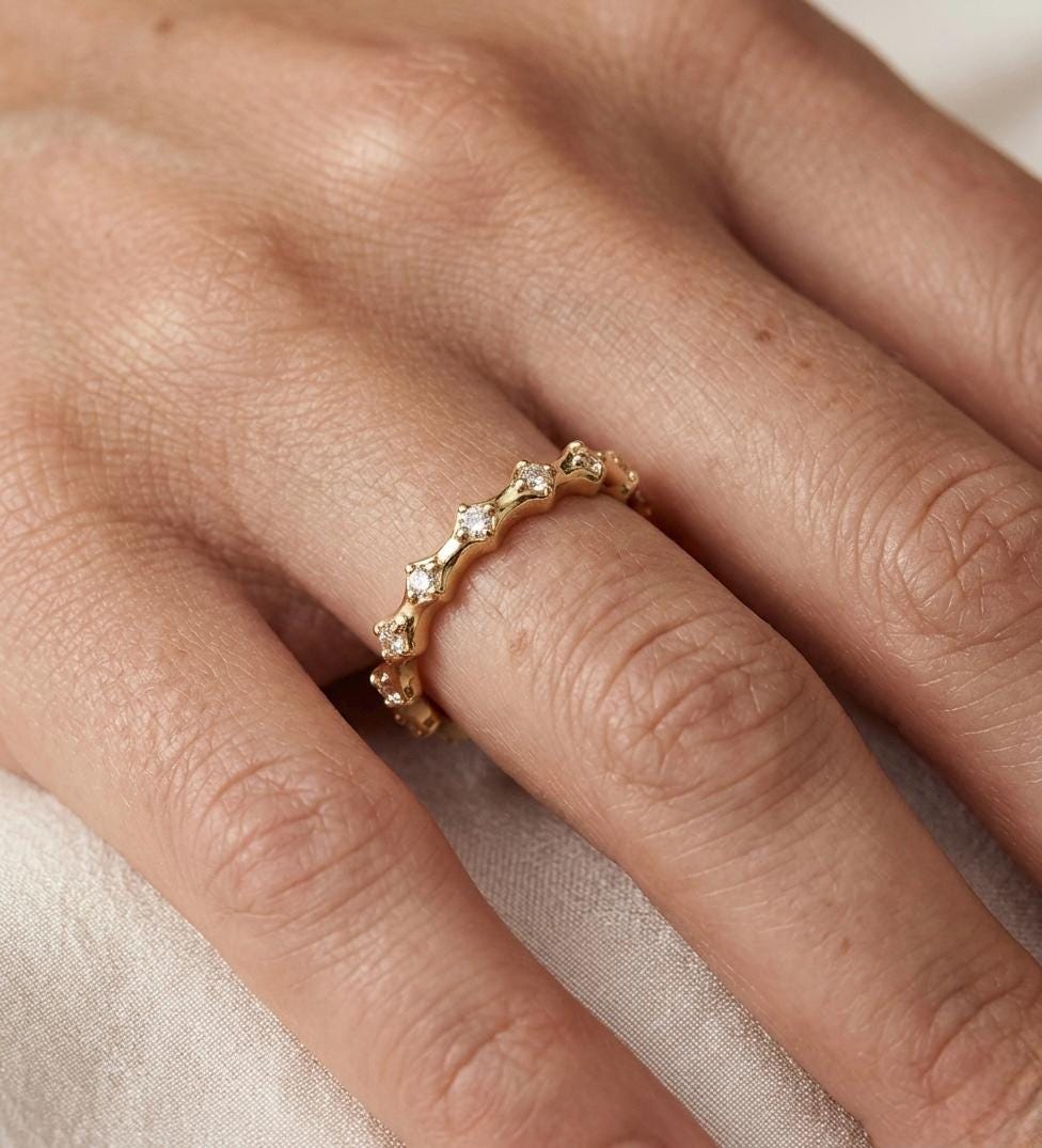 Textured Gold Eternity Band, 925 Sterling Silver, Scalloped CZ Stacking Ring
