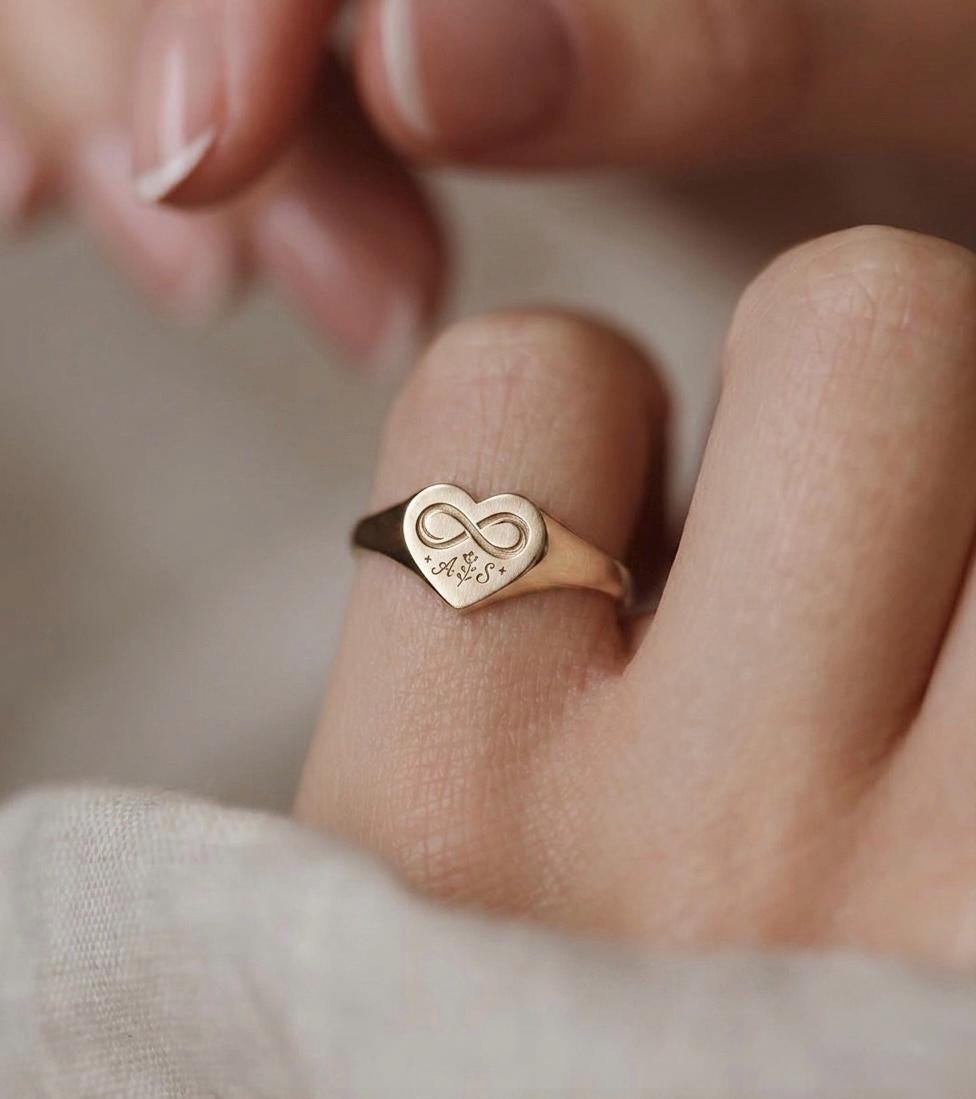 Custom Heart Signet Ring, Engraved 925 Sterling Silver Gold, Infinity Initial Couples Name
