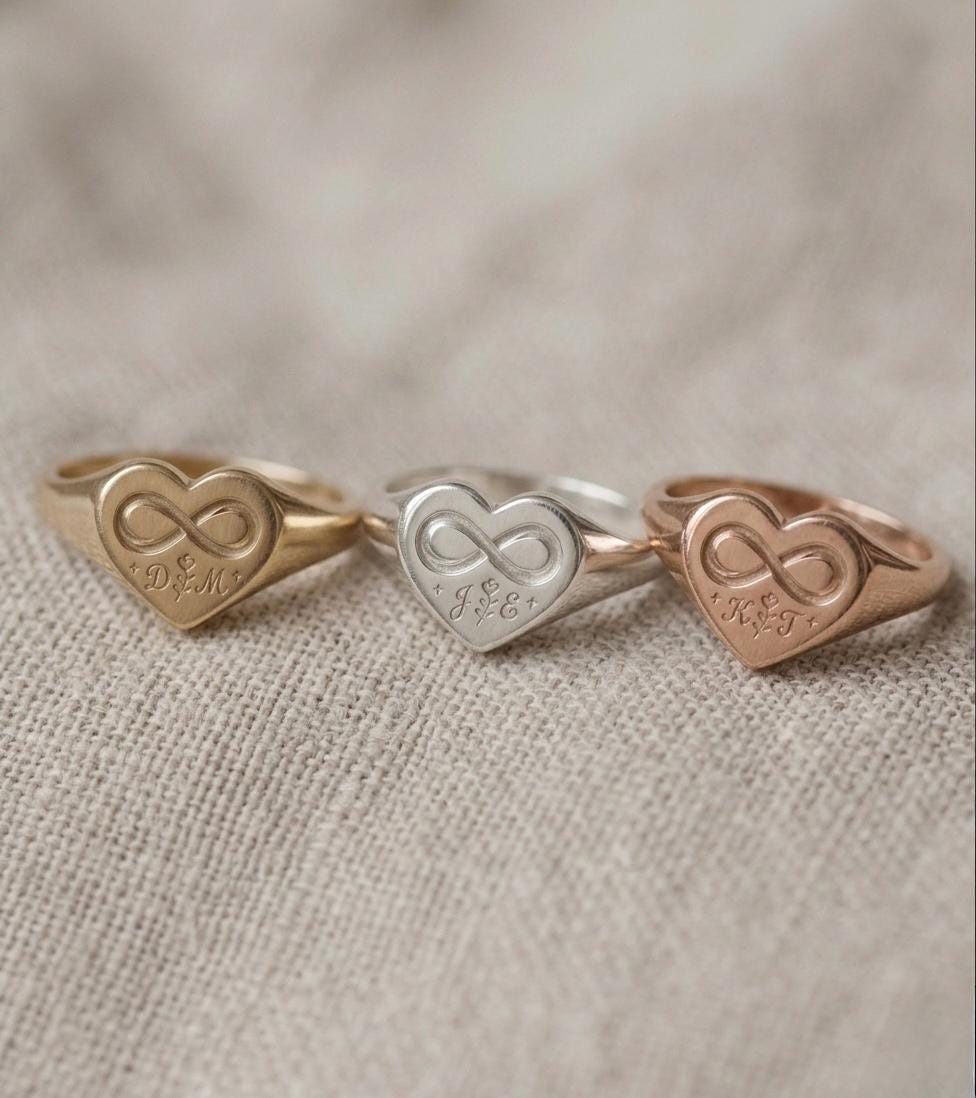 Custom Heart Signet Ring, Engraved 925 Sterling Silver Gold, Infinity Initial Couples Name
