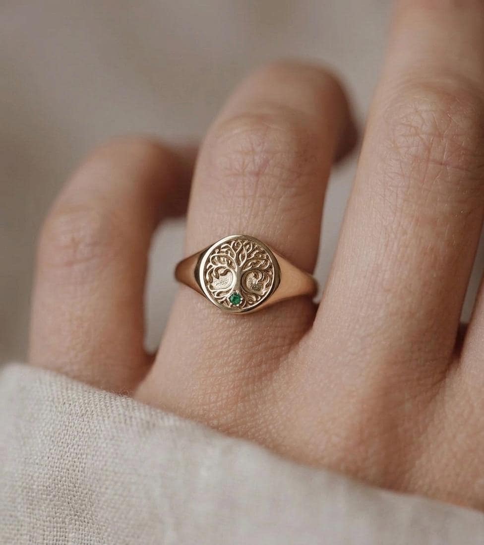 Tree of Life Signet Ring, Emerald Gold Celtic Family Ring, Oval Statement Jewelry